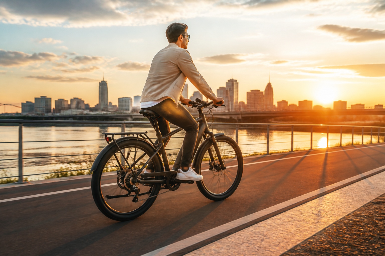 Person riding electric bicycle at sunset